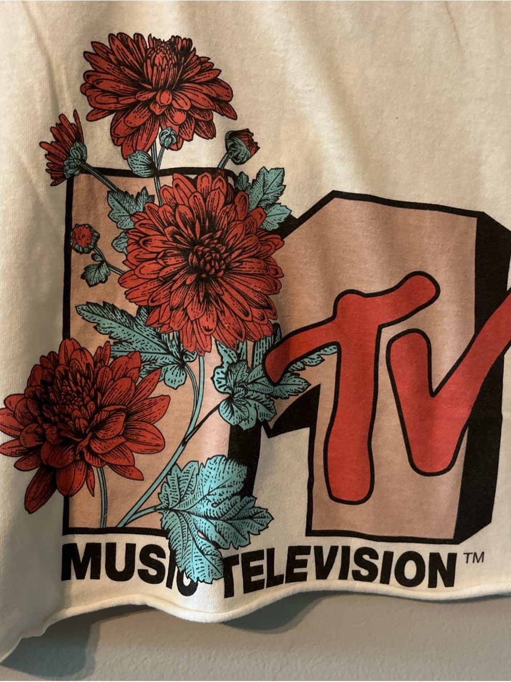 MTV Floral T Shirt Womens Cream Short Sleeve Graphic Cropped Tee Retro Large - Picture 2 of 4